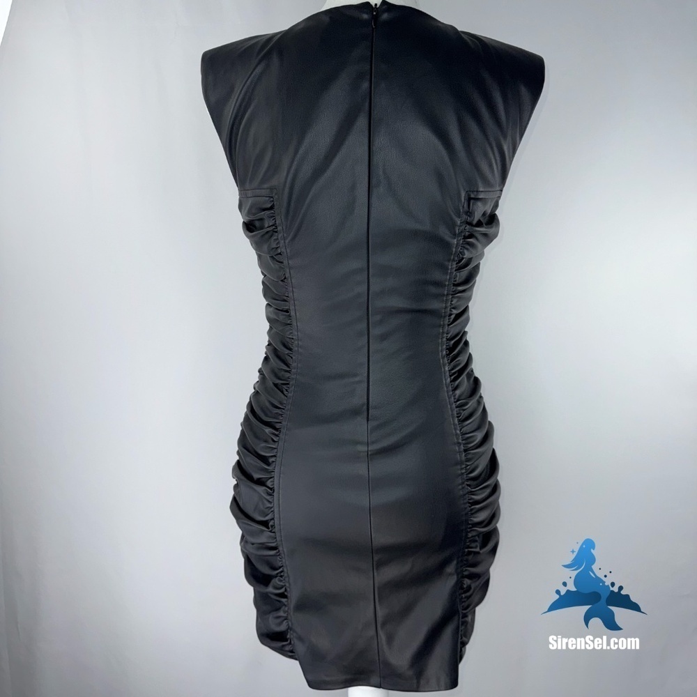 1069 NWOT Zara Black Faux Leather Dress w/Ruching - Picture 9 of 16